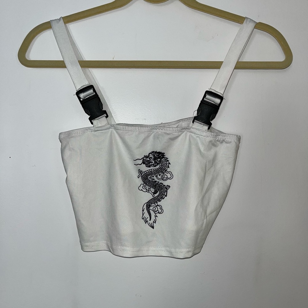 ZAFUL White and Black Embroidered Dragon Tank Top with Buckles